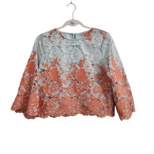 Eva Franco Anthropologie Blouse Small Coral Mint Lacey Bell Sleeve Scalloped Top